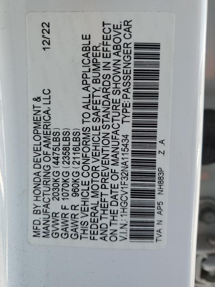 2022 HONDA ACCORD SPORT VIN:1HGCV1F32NA115434