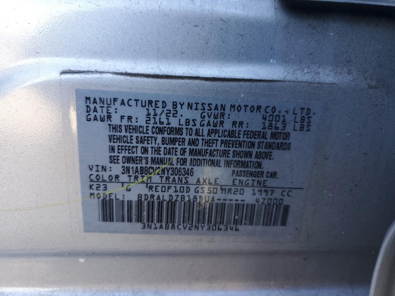 2022 NISSAN SENTRA SV VIN:3N1AB8CV2NY306346