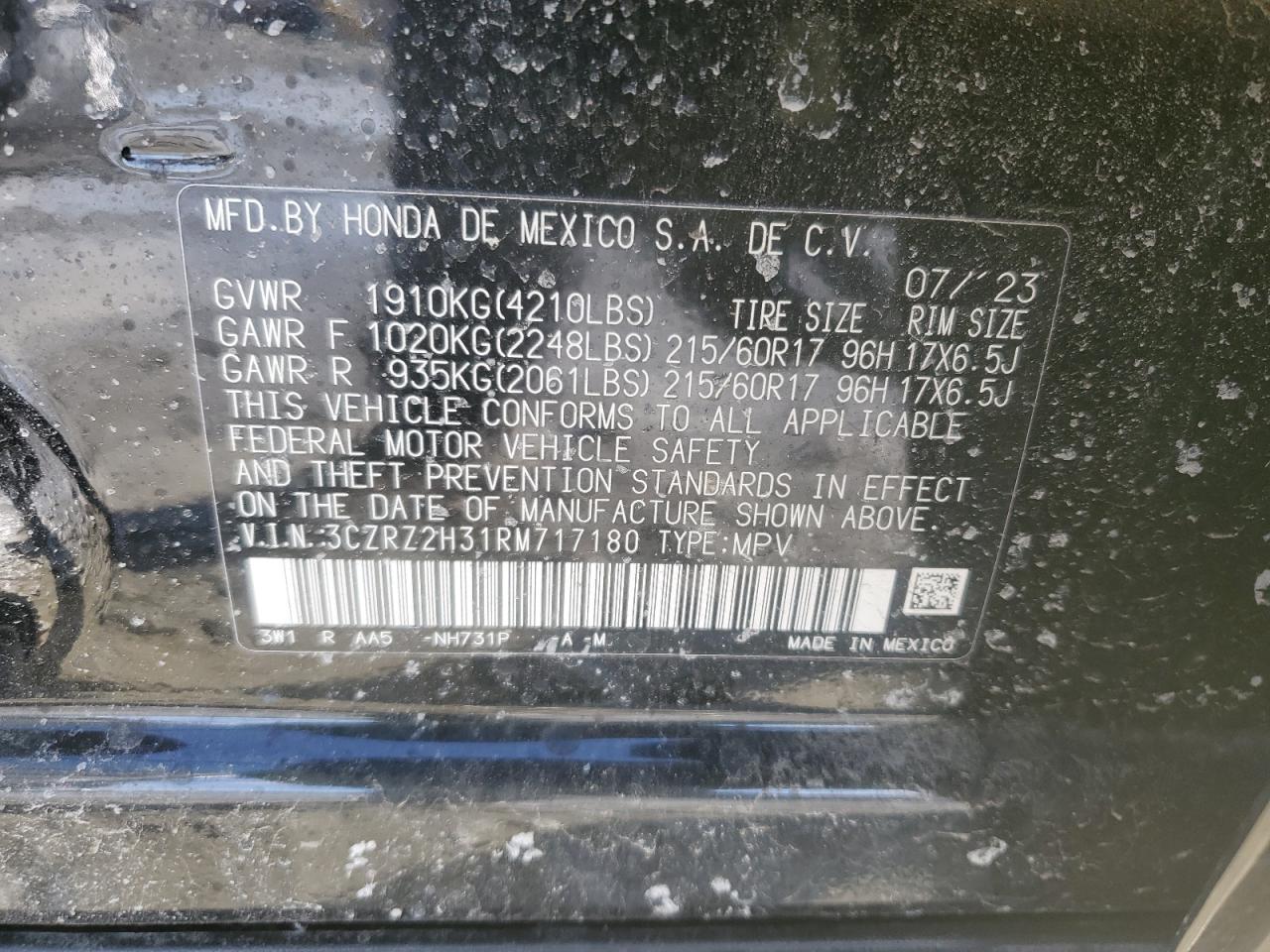 2024 HONDA HR-V LX VIN:3CZRZ2H31RM717180