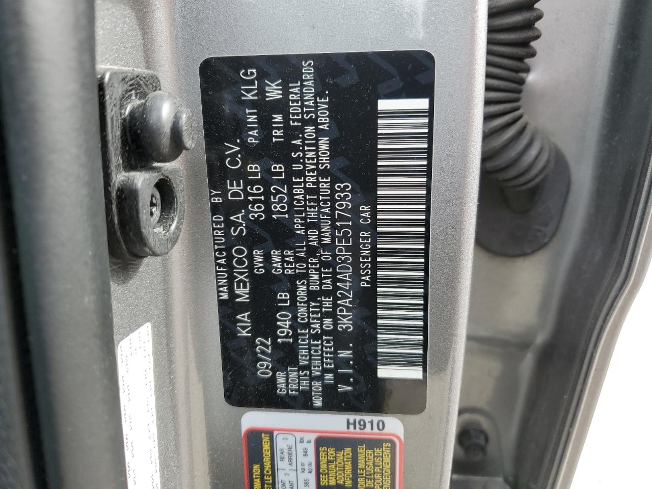 2023 KIA RIO LX VIN:3KPA24AD3PE517933