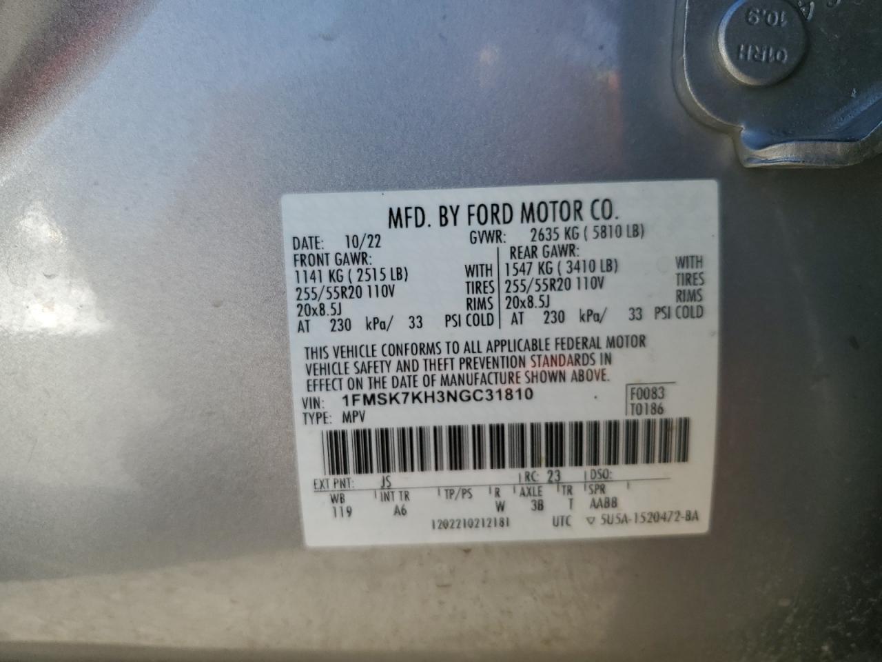 2022 FORD EXPLORER ST-LINE VIN:1FMSK7KH3NGC31810