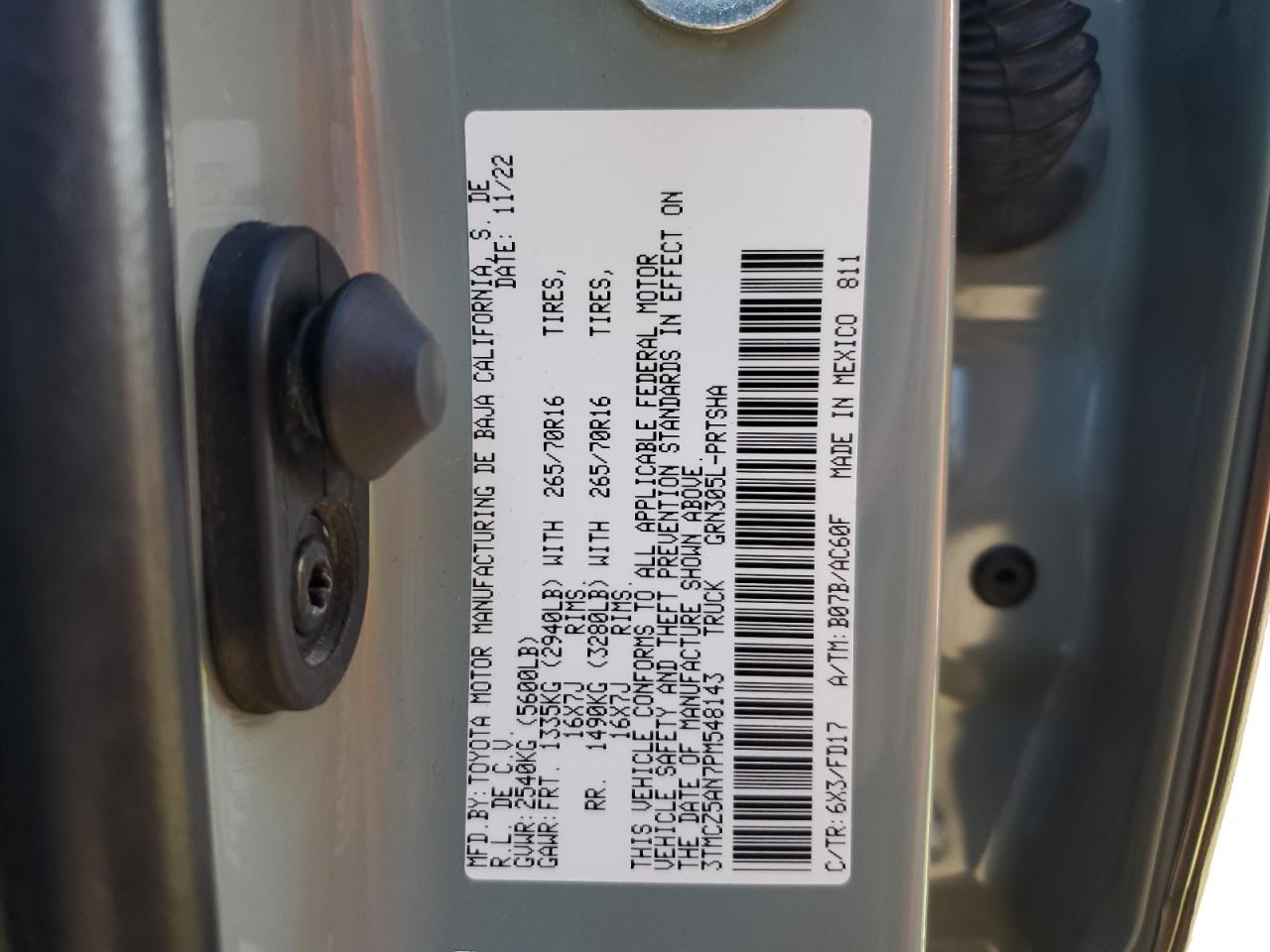 2023 TOYOTA TACOMA DOUBLE CAB VIN:3TMCZ5AN7PM548143