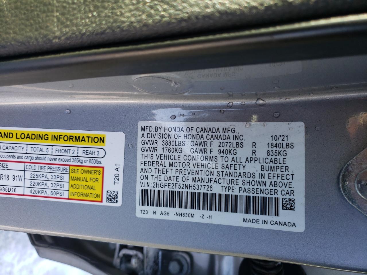 2022 HONDA CIVIC SPORT VIN:1G6DA5E57C0150808