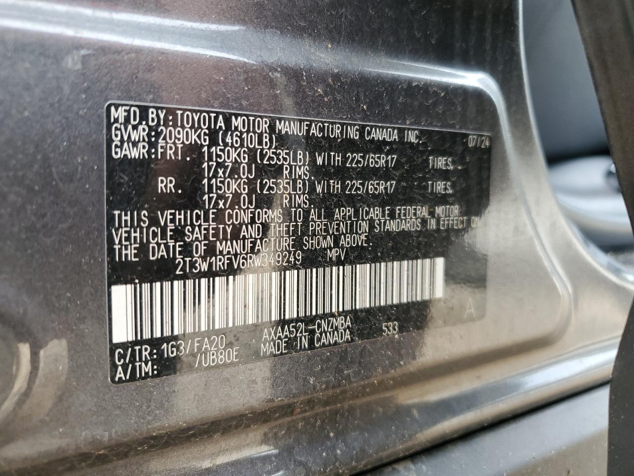 2024 TOYOTA RAV4 XLE VIN:2T3W1RFV6RW349249