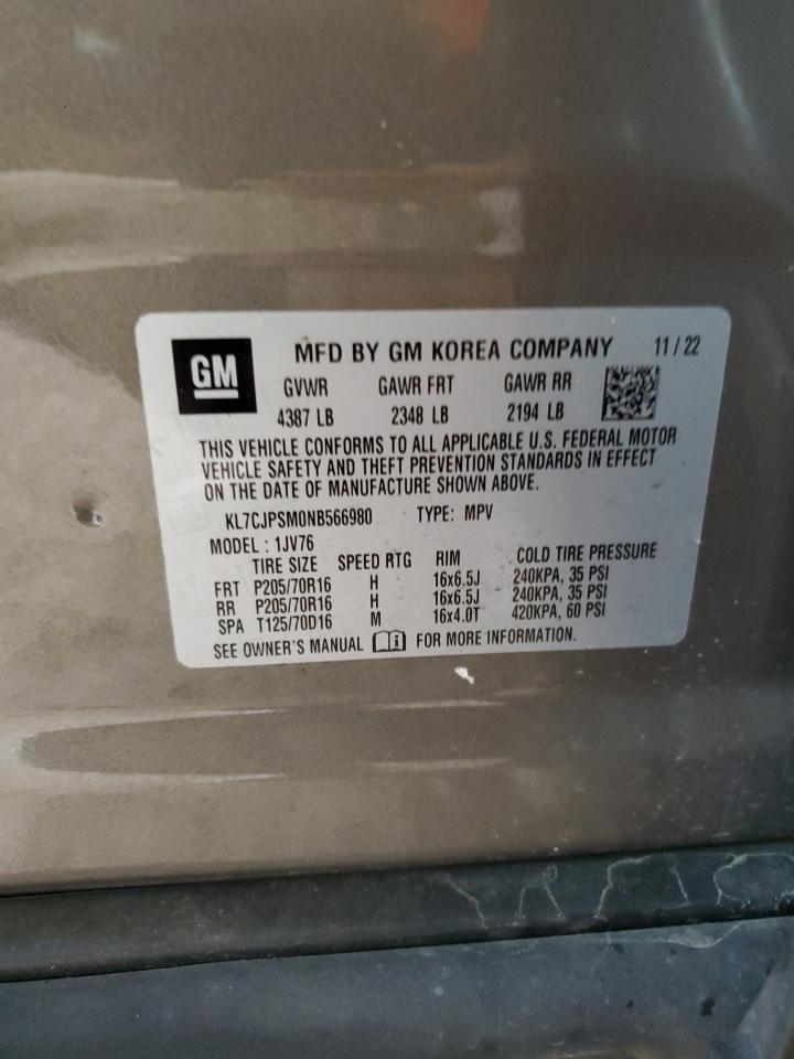 2022 CHEVROLET TRAX 1LT VIN:KL7CJPSM0NB566980