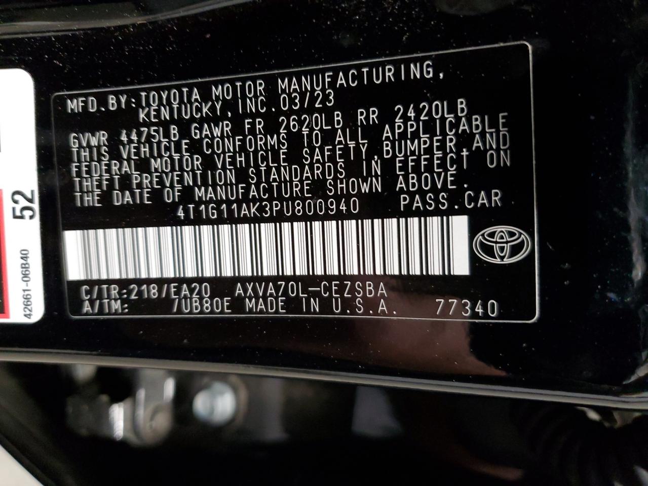 2023 TOYOTA CAMRY SE NIGHT SHADE VIN:4T1G11AK3PU800940