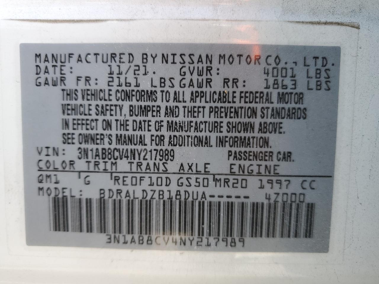 2022 NISSAN SENTRA SV VIN:3N1AB8CV4NY217989