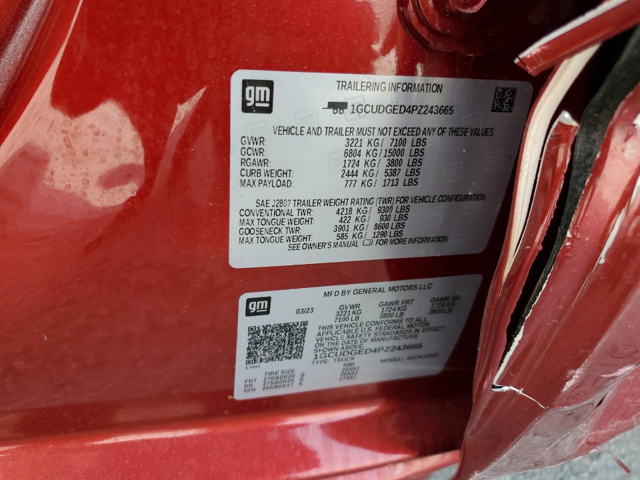 2023 CHEVROLET SILVERADO K1500 LTZ VIN:1GCUDGED4PZ243665