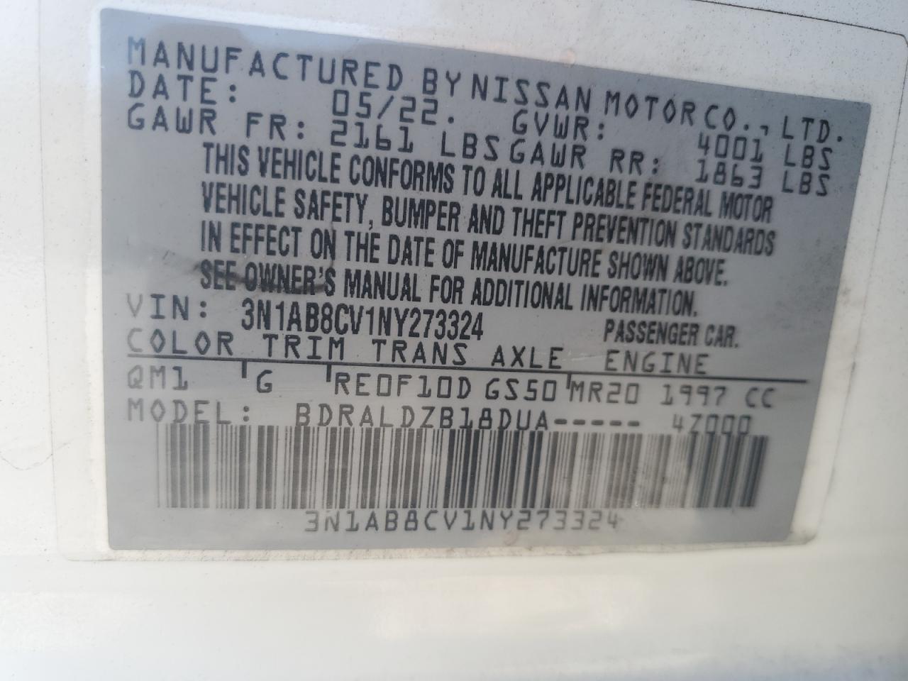 2022 NISSAN SENTRA SV VIN:3N1AB8CV1NY273324