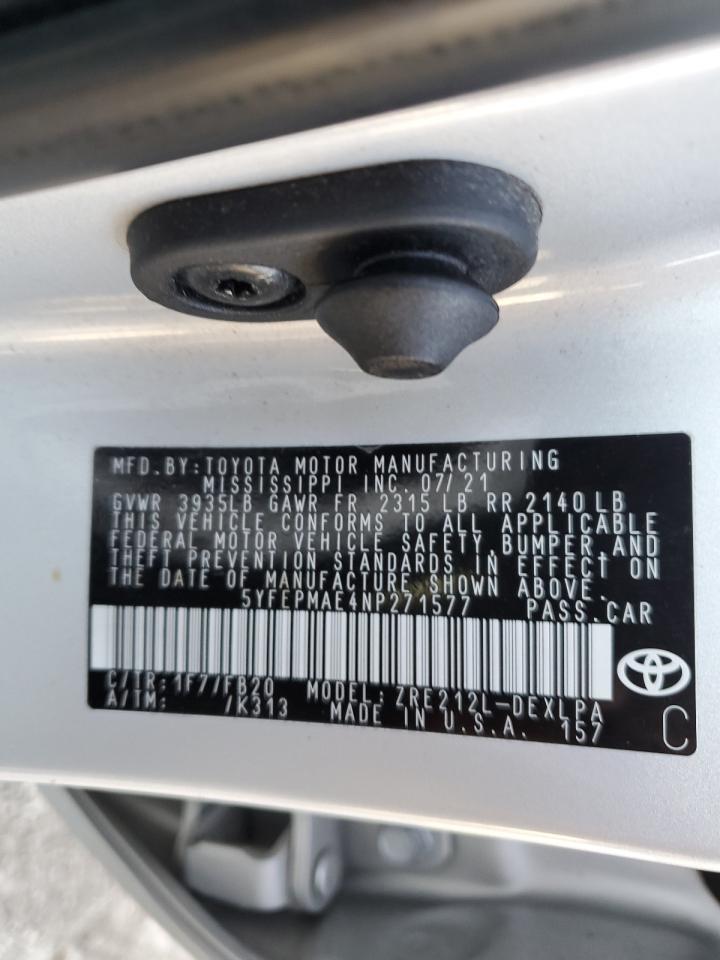 2022 TOYOTA COROLLA LE VIN:5YFEPMAE4NP271577