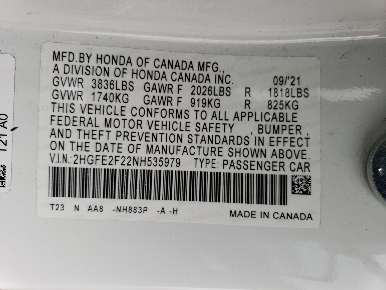 2022 HONDA CIVIC LX VIN:2HGFE2F22NH535979