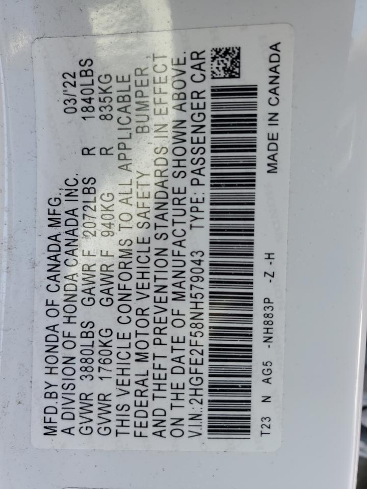 2022 HONDA CIVIC SPORT VIN:2HGFE2F58NH579043