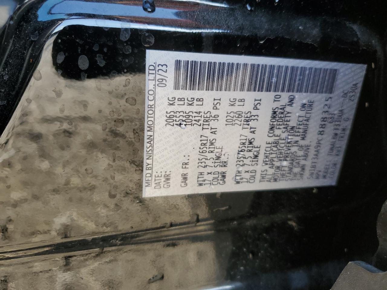 2023 NISSAN ROGUE S VIN:5N1BT3AA9PC888325