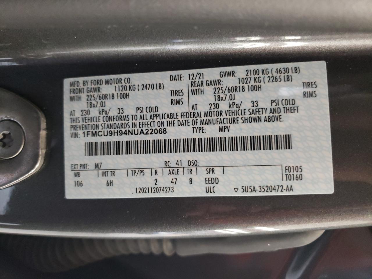 2022 FORD ESCAPE SEL VIN:1FMCU9H94NUA22068