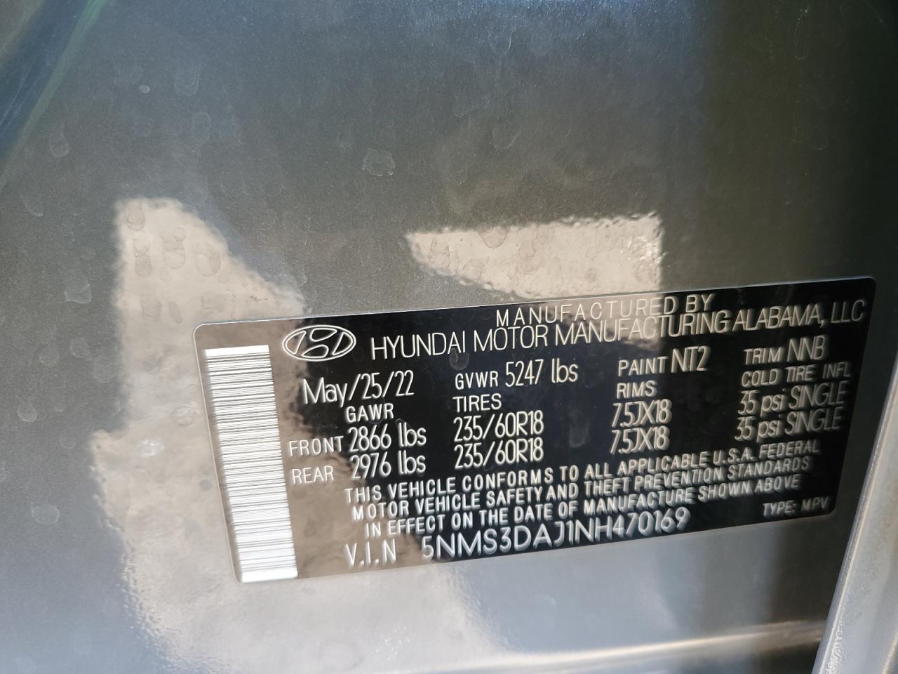 2022 HYUNDAI SANTA FE SEL VIN:5NMS3DAJ1NH470169