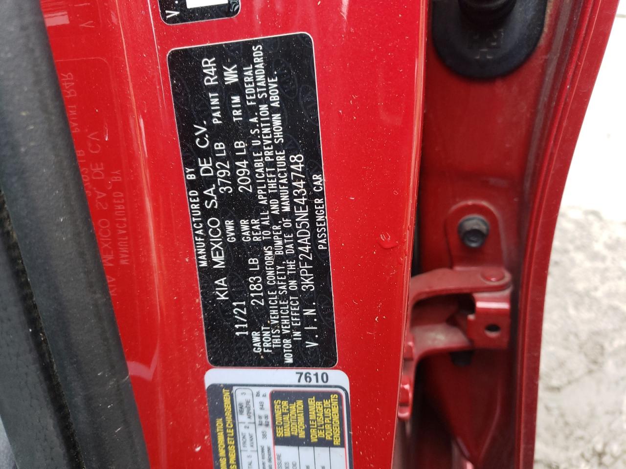 2022 KIA FORTE FE VIN:3FAHP0HA9CR407790
