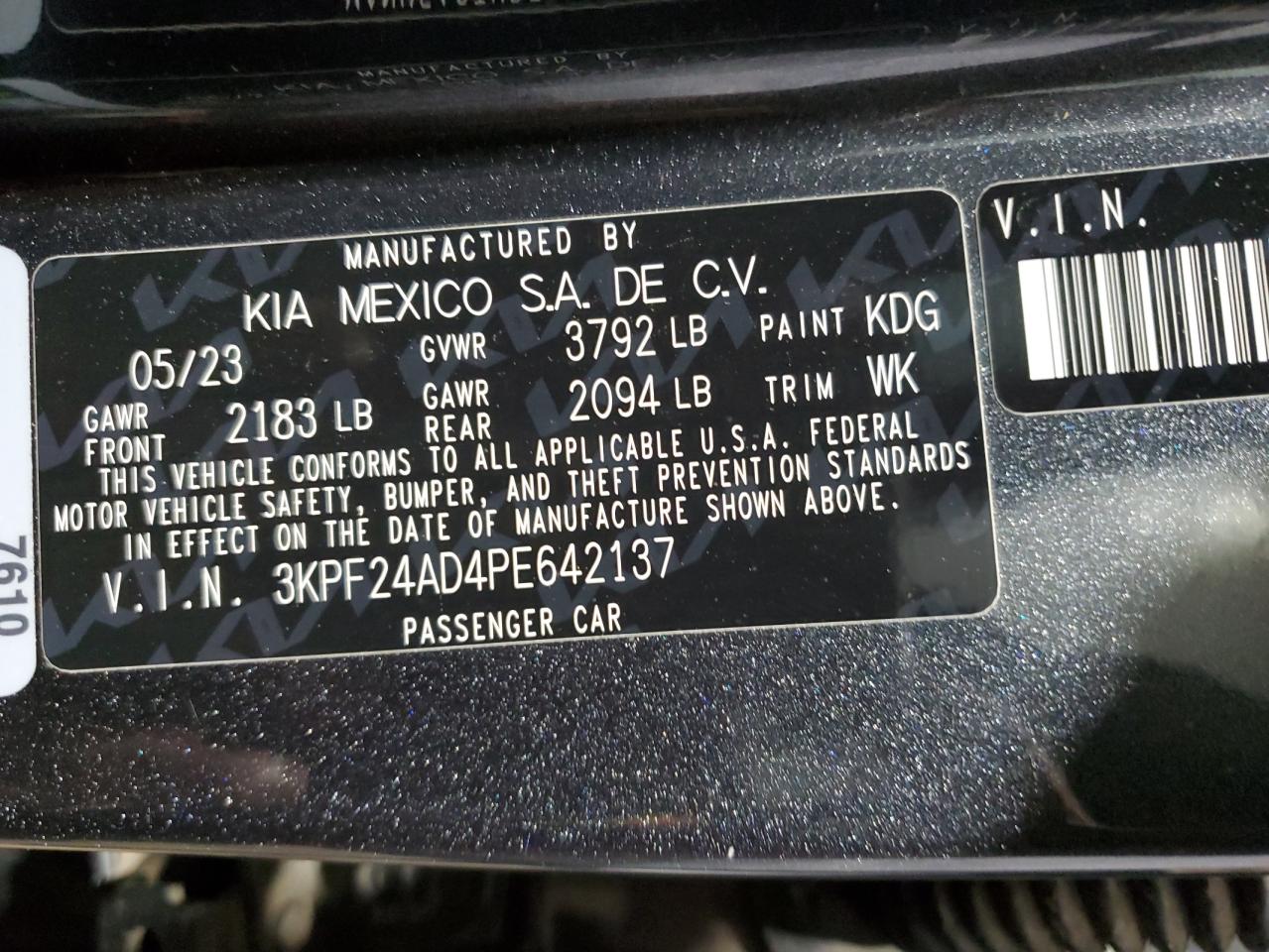 2023 KIA FORTE LX VIN:3KPF24AD4PE642137