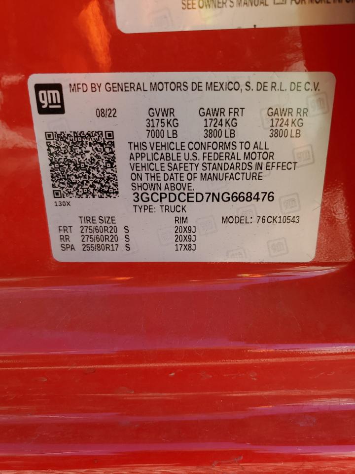 2022 CHEVROLET SILVERADO K1500 TRAIL BOSS CUSTOM VIN:3GCPDCED7NG668476