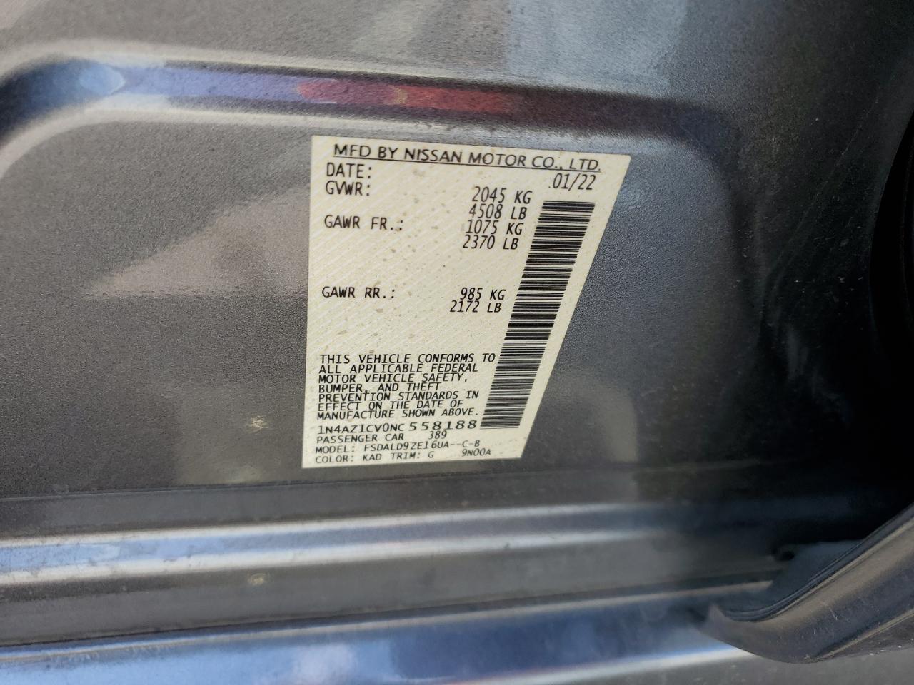 2022 NISSAN LEAF SV VIN:1N4AZ1CV0NC558188