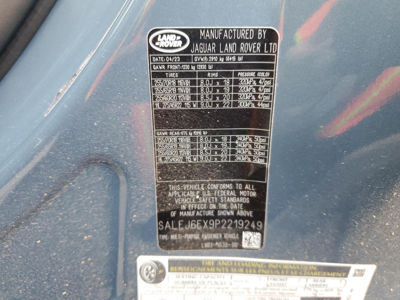 2023 LAND ROVER DEFENDER 90 S VIN:SALEJ6EX9P2219249