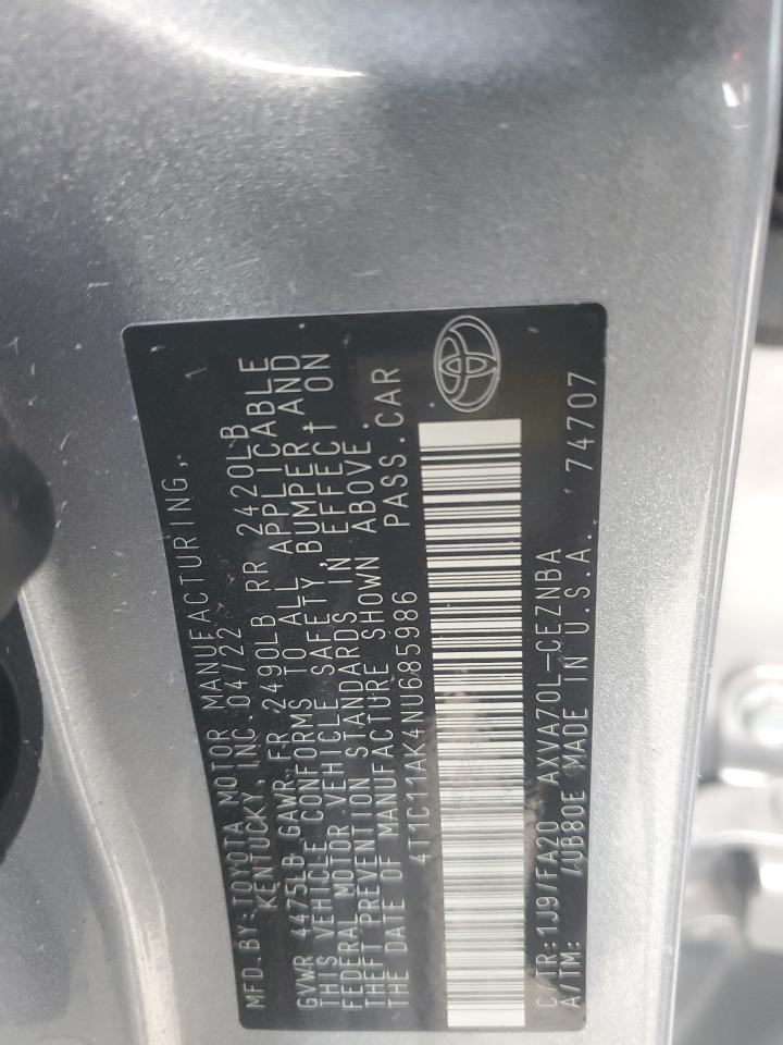 2022 TOYOTA CAMRY LE VIN:4T1C11AK4NU685986