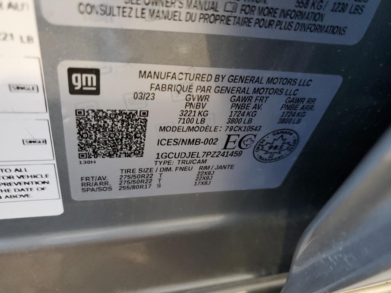 2023 CHEVROLET SILVERADO K1500 HIGH COUNTRY VIN:1GCUDJEL7PZ241459