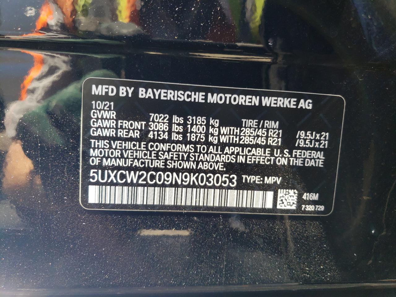 2022 BMW X7 XDRIVE40I VIN:5UXCW2C09N9K03053