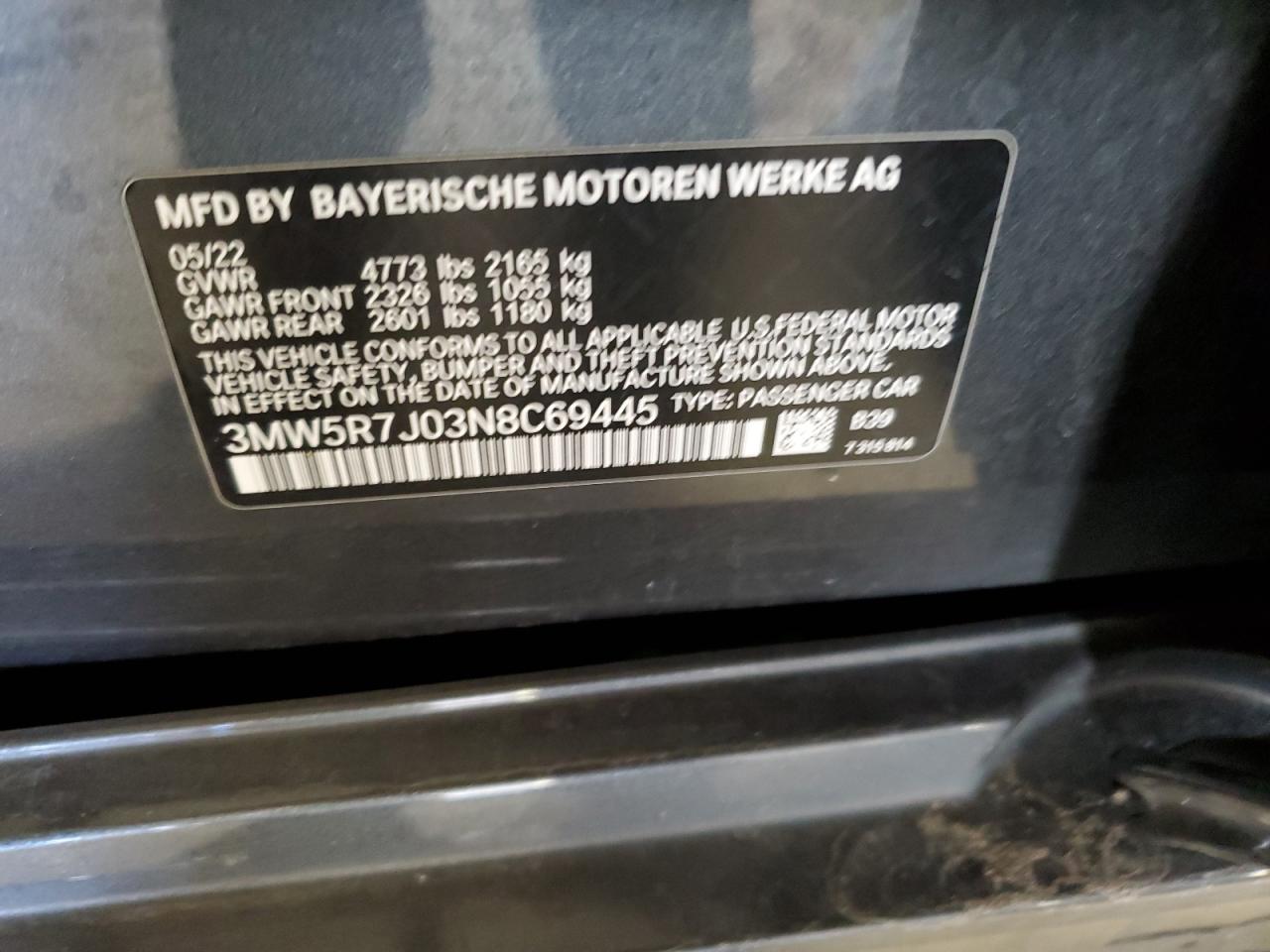 2022 BMW 330XI  VIN:3MW5R7J03N8C69445