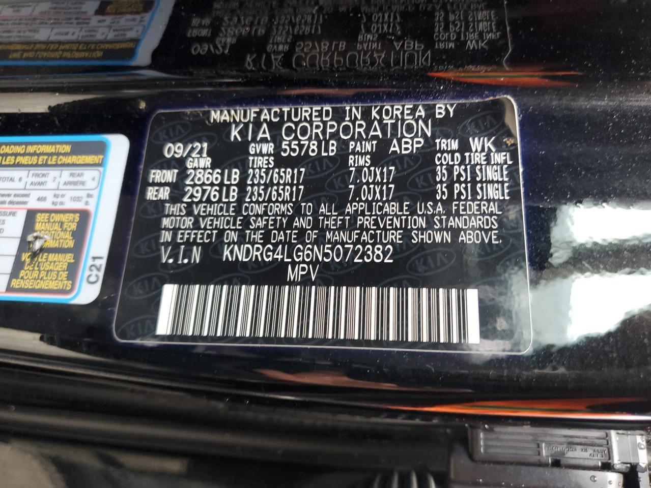 2022 KIA SORENTO S VIN:KNDRG4LG6N5072382