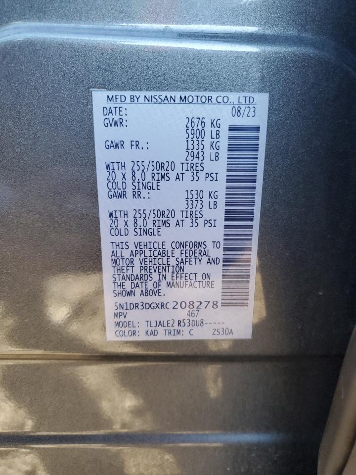 2024 NISSAN PATHFINDER PLATINUM VIN:5N1DR3DGXRC208278