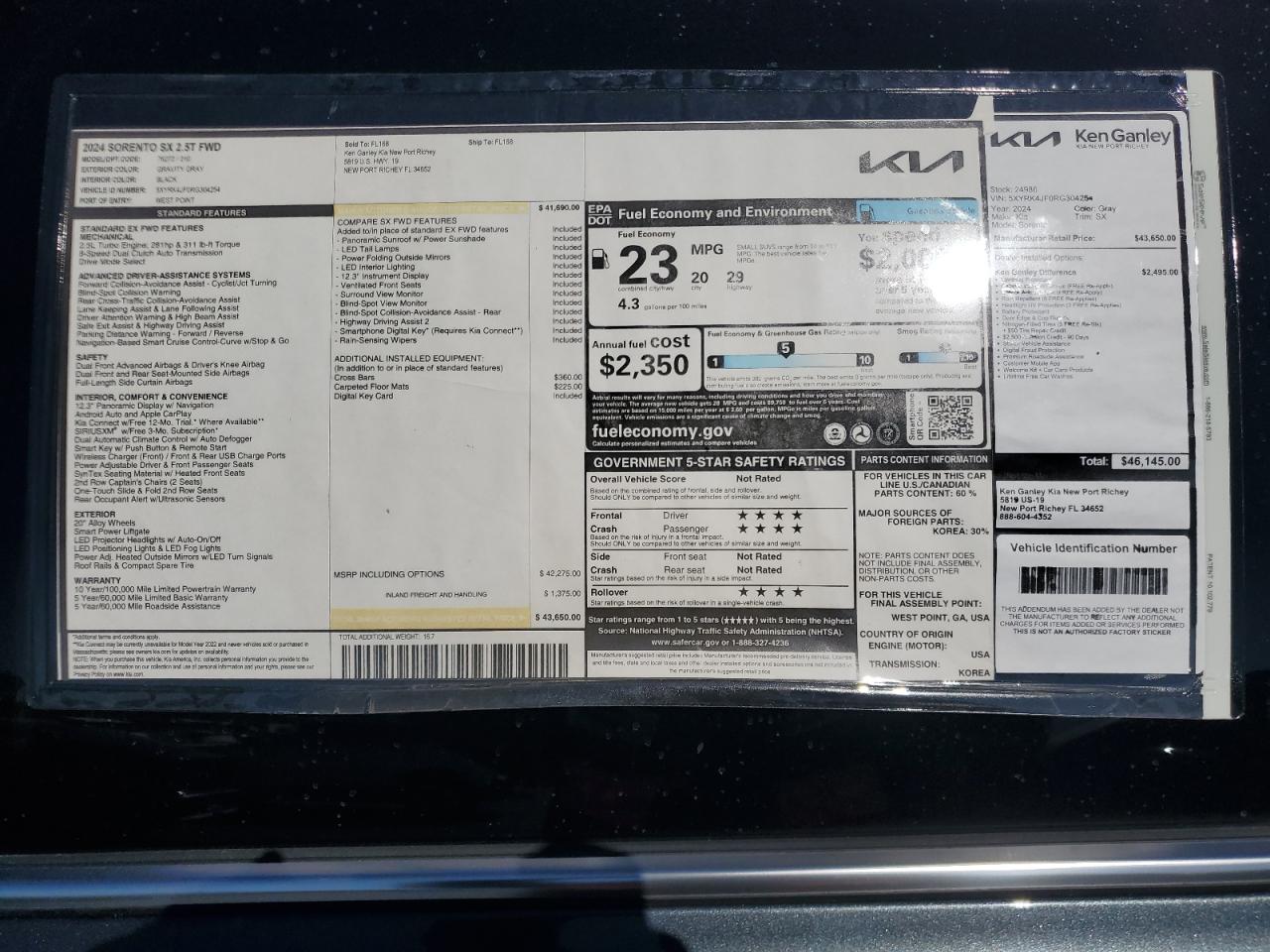 2024 KIA SORENTO SX VIN:5XYRK4JF0RG304254