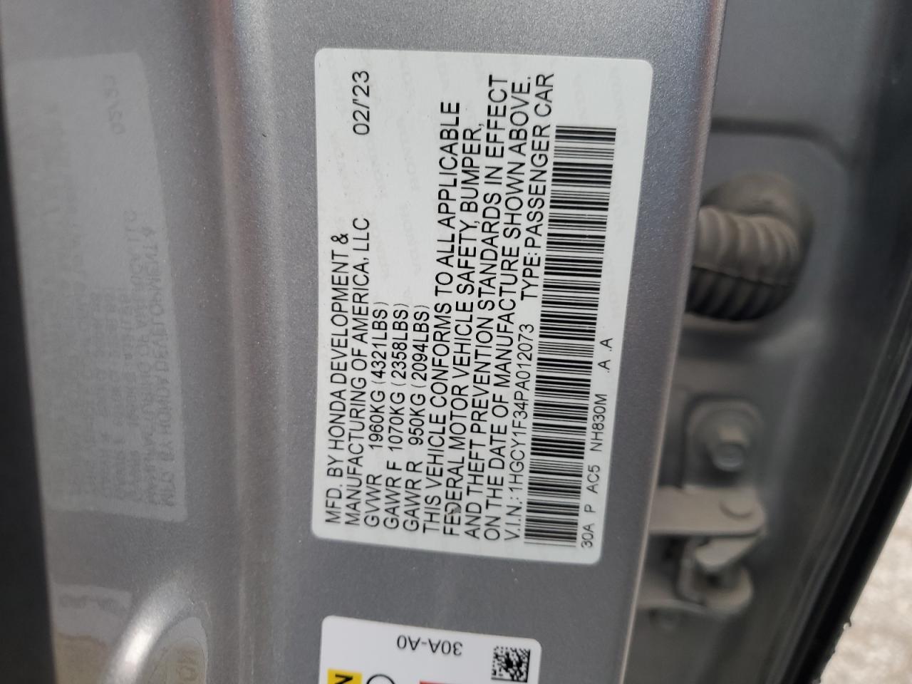 2023 HONDA ACCORD EX VIN:1HGCY1F34PA012073