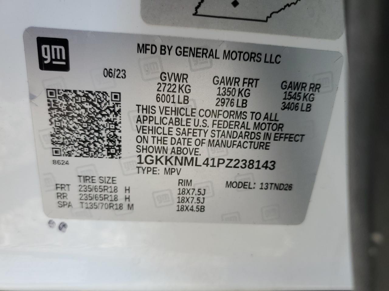 2023 GMC ACADIA SLT VIN:1GKKNML41PZ238143