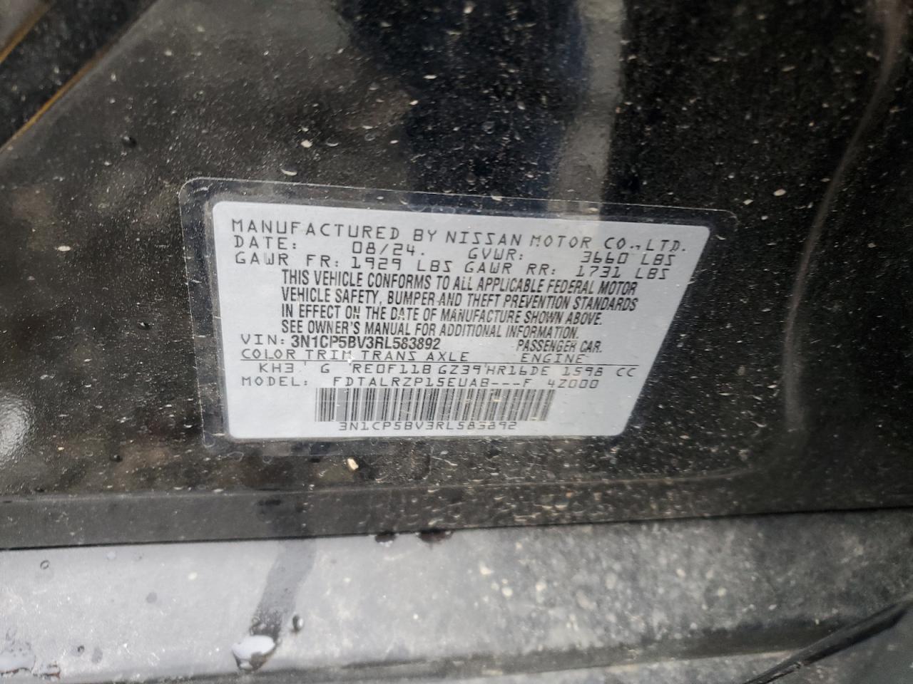 2024 NISSAN KICKS S VIN:1C4PJMAB1FW708816