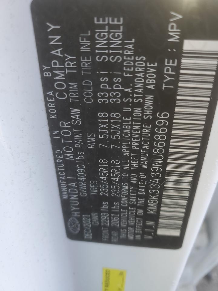 2022 HYUNDAI KONA N LINE VIN:KM8K33A39NU868696