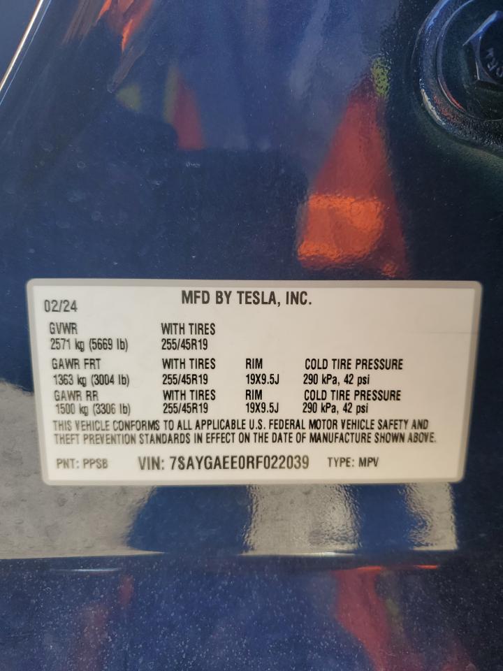 2024 TESLA MODEL Y  VIN:7SAYGAEE0RF022039