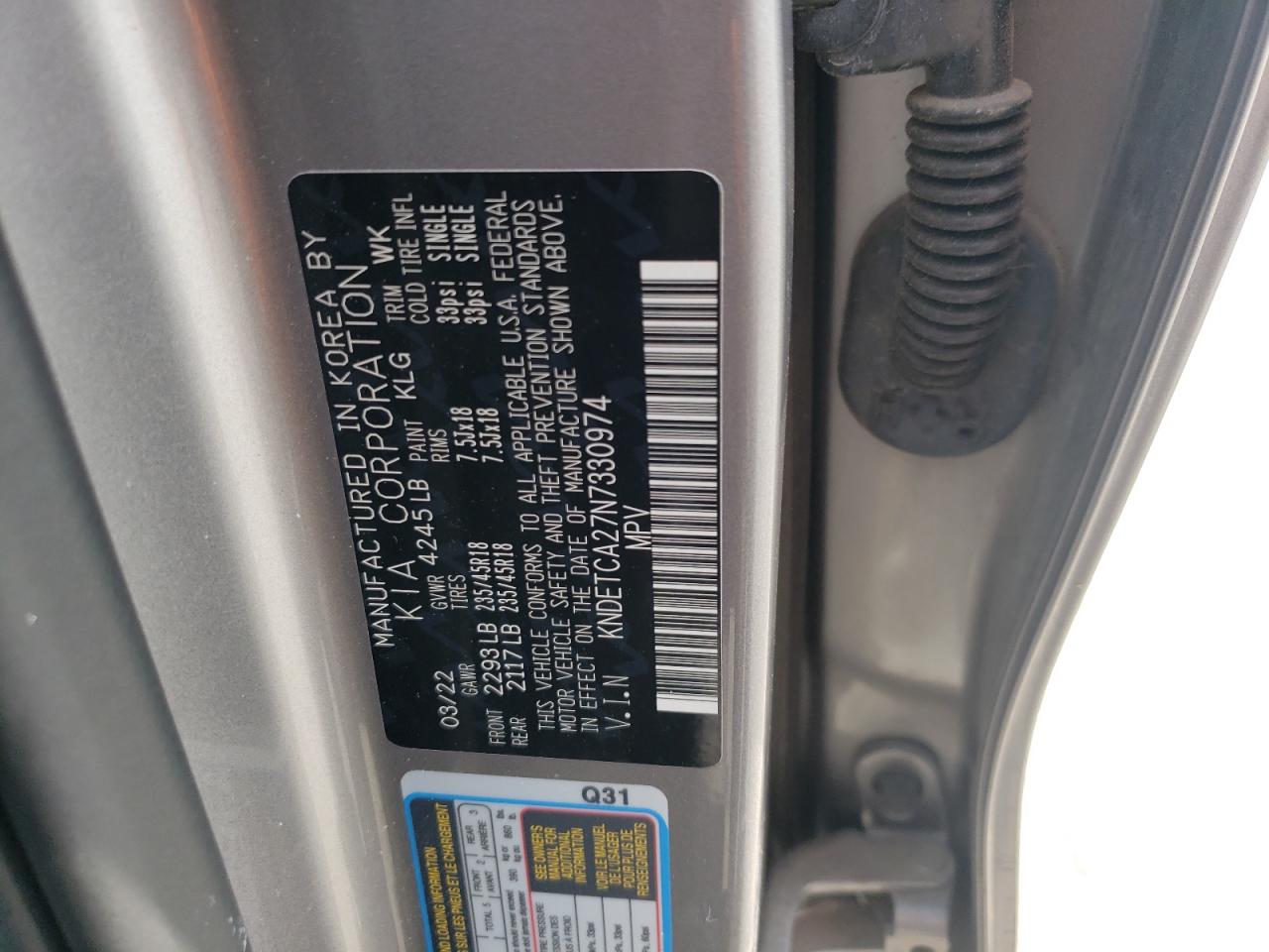 2022 KIA SELTOS SX VIN:KNDETCA27N7330974