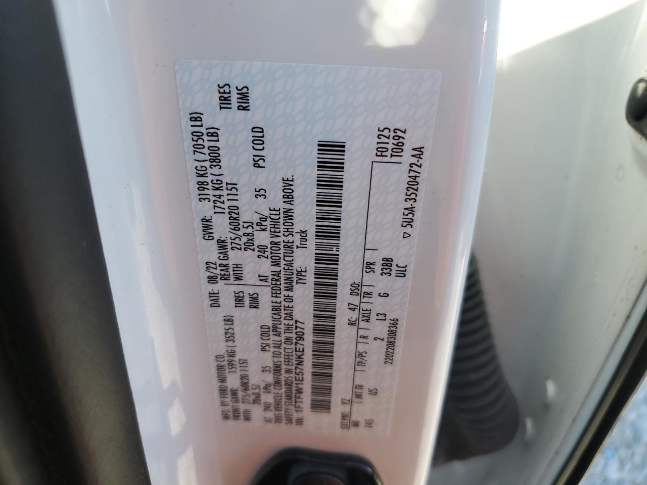 2022 FORD F150 SUPERCREW VIN:1FTFW1E57NKE79077