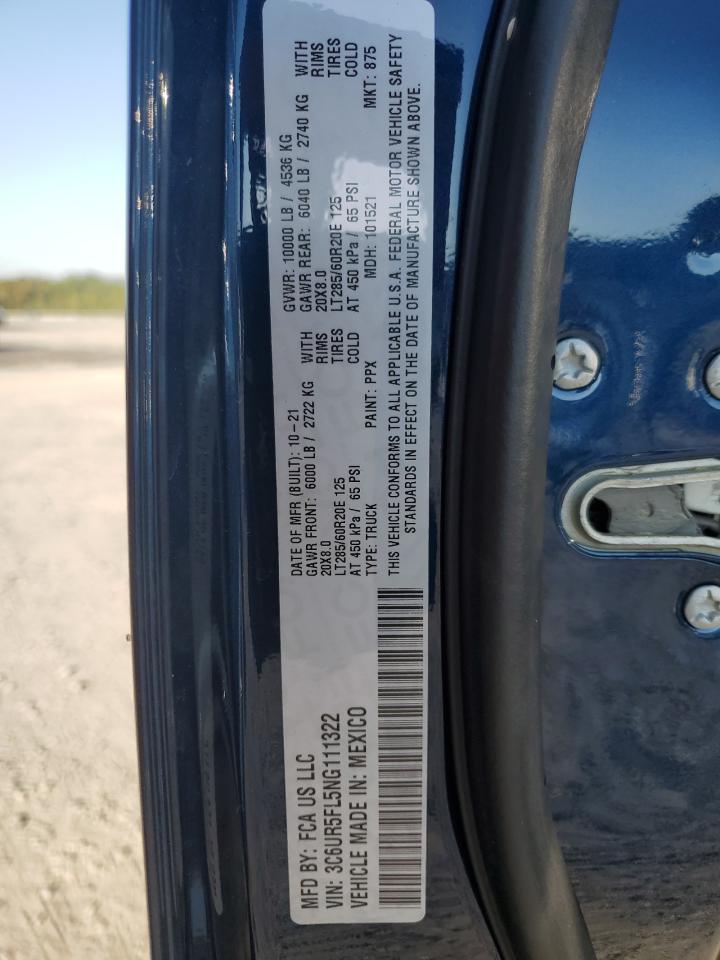 2022 RAM 2500 LARAMIE VIN:3C6UR5FL5NG111322