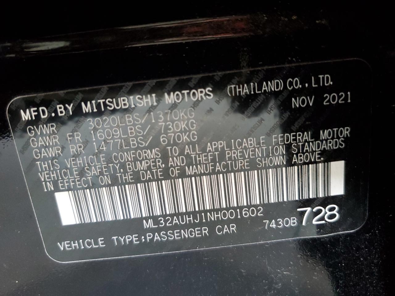 2022 MITSUBISHI MIRAGE ES VIN:ML32AUHJ1NH001602