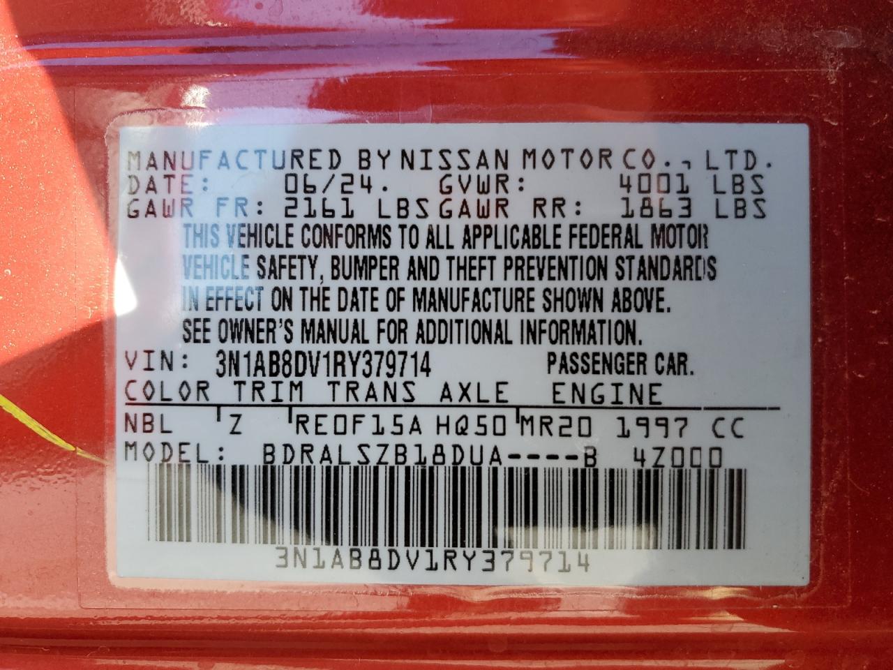 2024 NISSAN SENTRA SR VIN:3N1AB8DV1RY379714