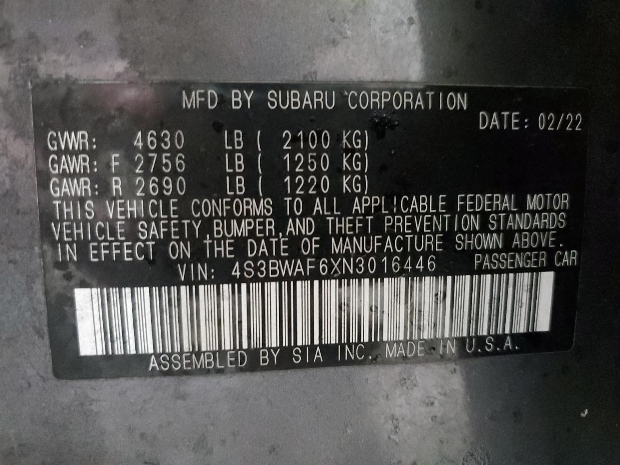 2022 SUBARU LEGACY PREMIUM VIN:4S3BWAF6XN3016446