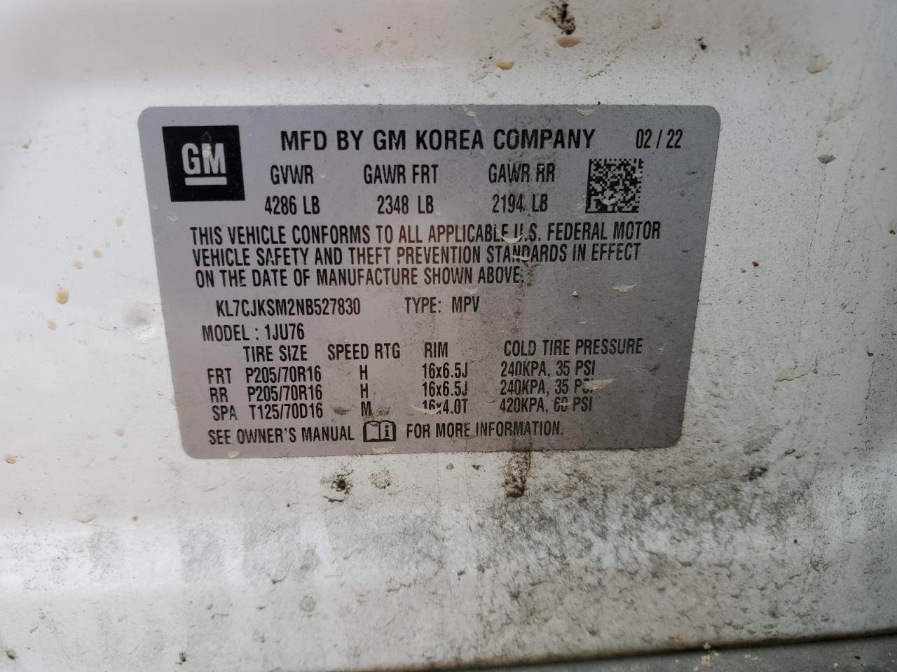 2022 CHEVROLET TRAX LS VIN:KL7CJKSM2NB527830