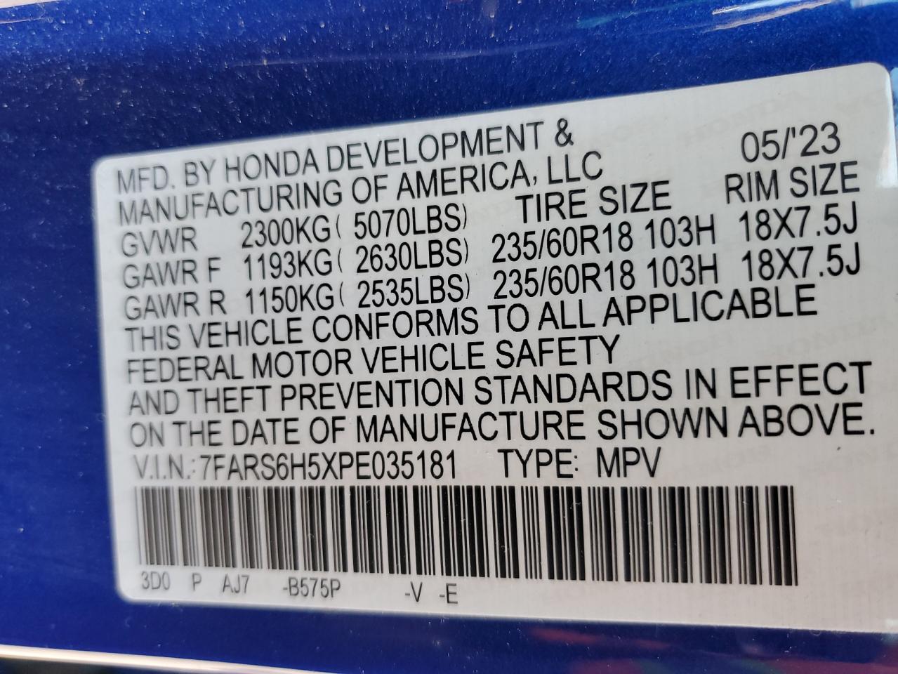 2023 HONDA CR-V SPORT VIN:7FARS6H5XPE035181