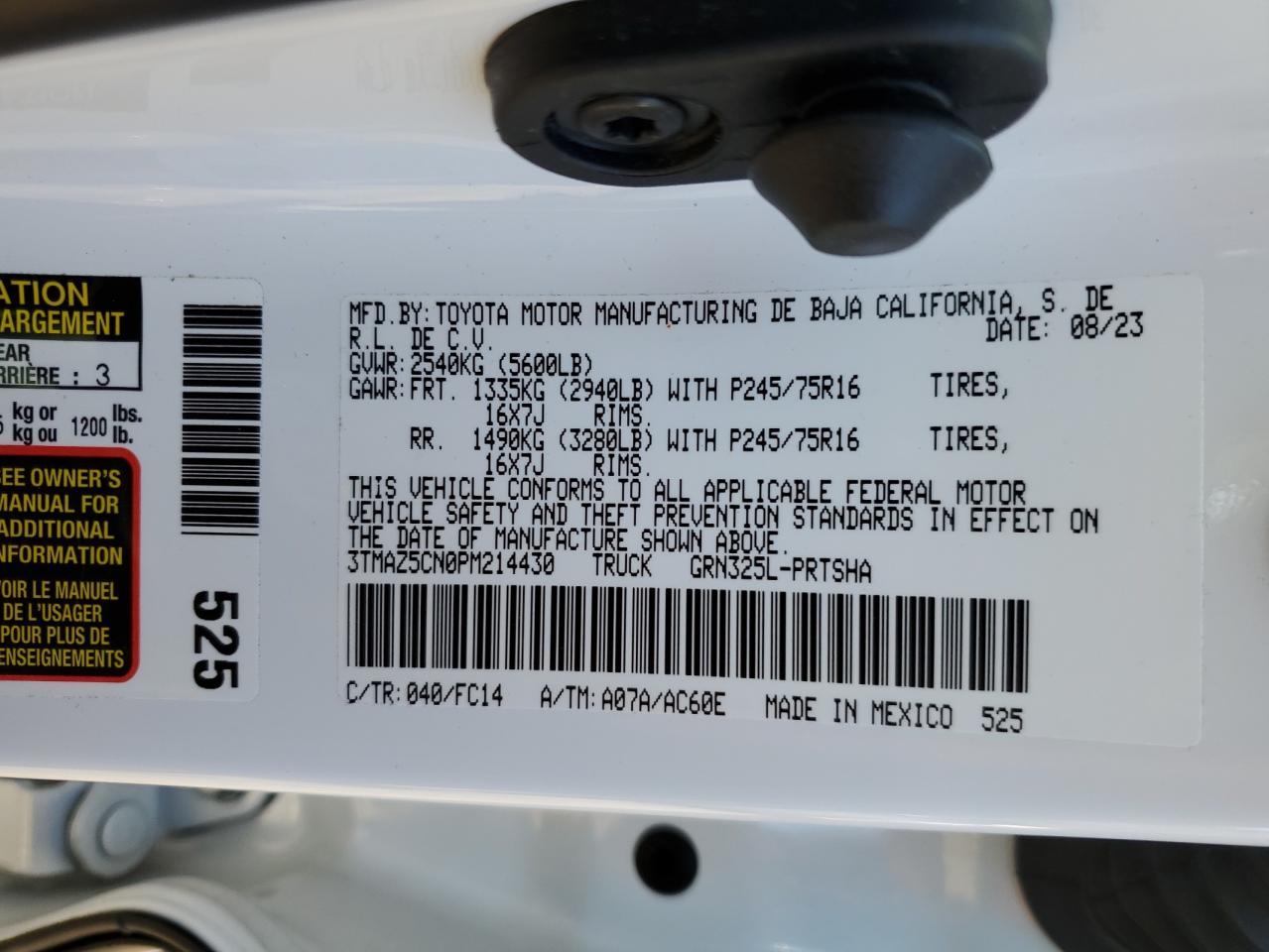 2023 TOYOTA TACOMA DOUBLE CAB VIN:3TMAZ5CN0PM214430