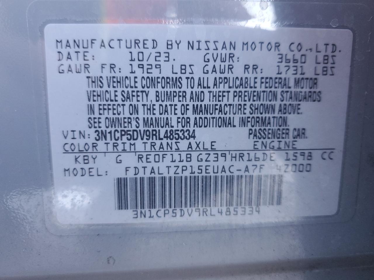 2024 NISSAN KICKS SR VIN:3N1CP5DV9RL485334