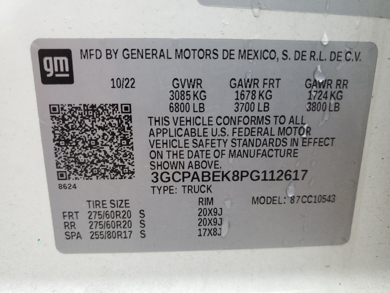 2023 CHEVROLET SILVERADO C1500 CUSTOM VIN:3GCPABEK8PG112617