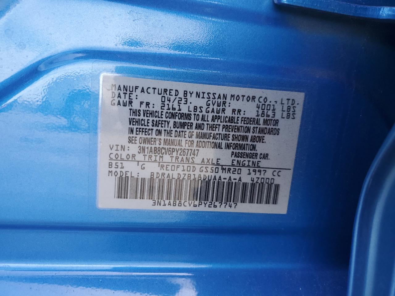 2023 NISSAN SENTRA SV VIN:3N1AB8CV6PY267747