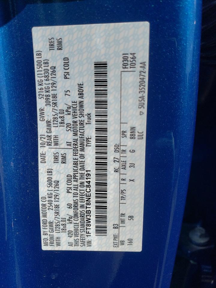 2022 FORD F350 SUPER DUTY VIN:1FT8W3BT8NEC84191