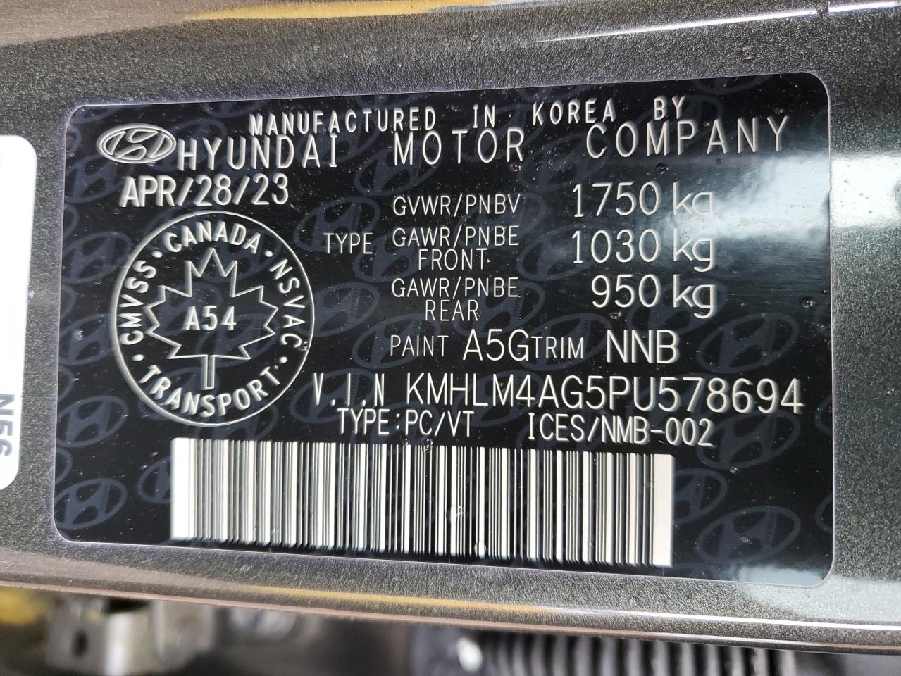 2023 HYUNDAI ELANTRA SEL VIN:KMHLM4AG5PU578694